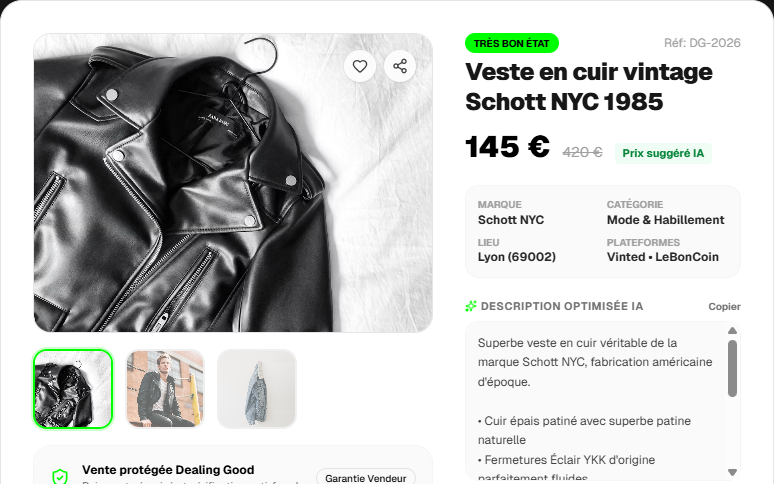 Capture du prototype Dealing Good : fiche d'annonce générée pour une veste en cuir, avec prix suggéré par l'IA.